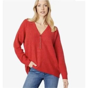 MADEWELL Womens Red Asherton Waffle Knit Henley Sweater V Neck Sz L Viscose Wool